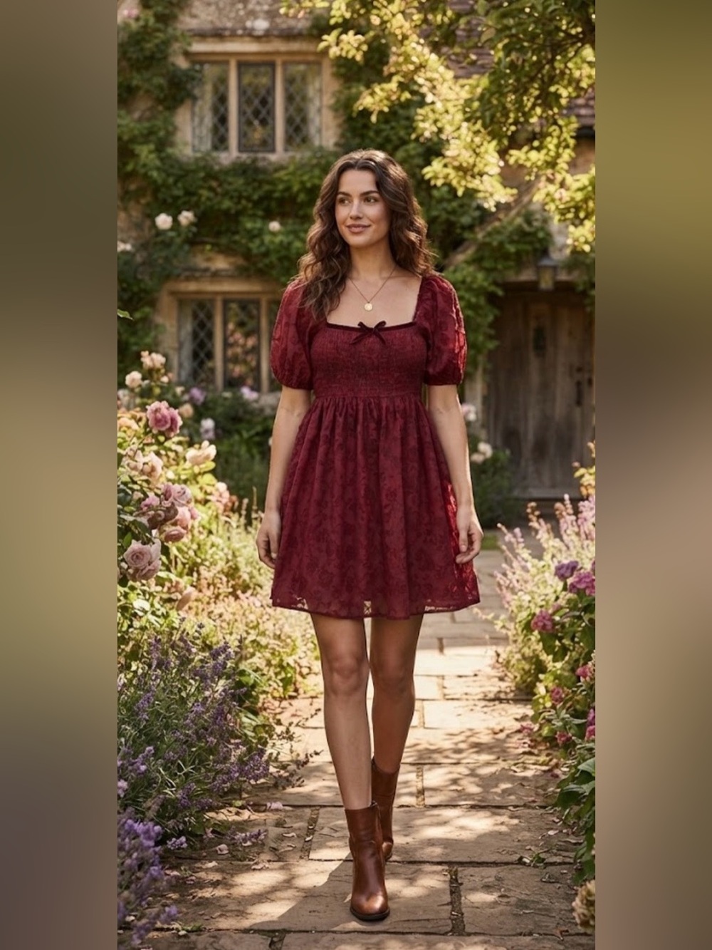 Altar'd State Burgundy Floral Jacquard Smocked Mini Dress Size XS